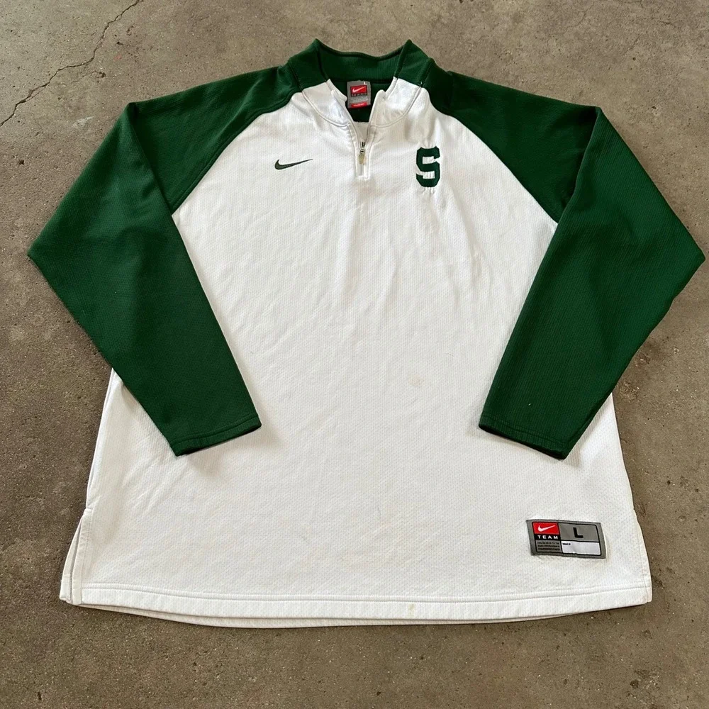 Vintage Nike Quarter Zip Pullover Mens L White Green Michigan State MSU Spartans